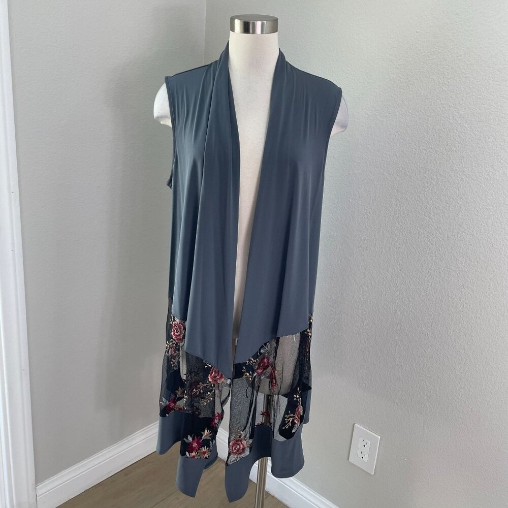 NEW‎ Susan Graver Womens Large Sleeveless Open Cardigan Embroidered Mesh Gray